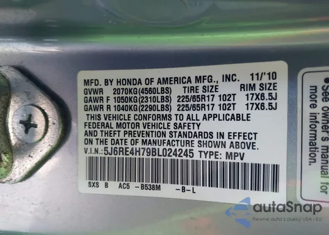 2011 Honda Cr-V Ex-L z USA, uszkodzony, nr VIN 5J6RE4H79BL024245